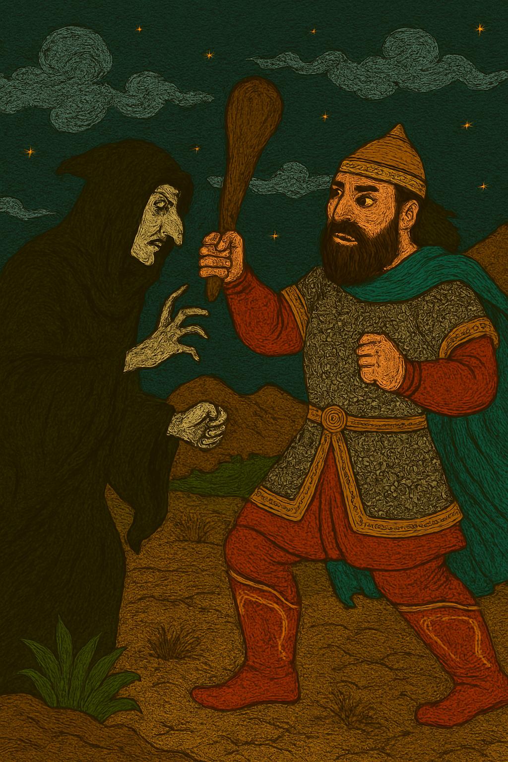 Bearded warrior with a raised club faces a hooded, pale-faced figure with a clawed hand under a starlit sky