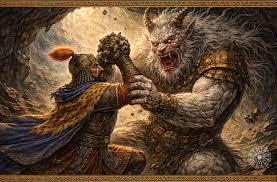 Armored warrior grappling a furred, glowing-eyed beast in a dim cave — modern fantasy painting