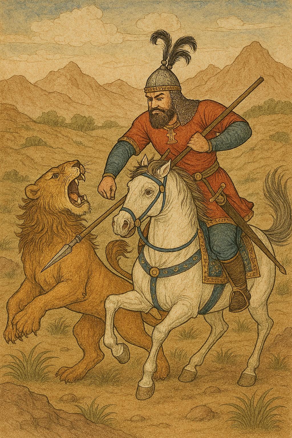 Rostam, mounted on Rakhsh, fights a roaring lion in a hilly landscape