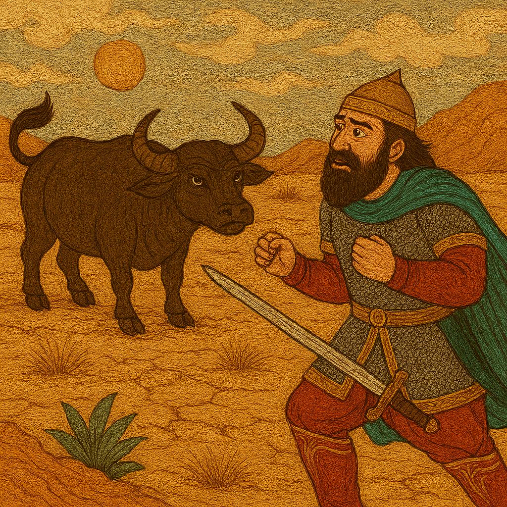 Rostam in the desert facing a wild buffalo at sunset